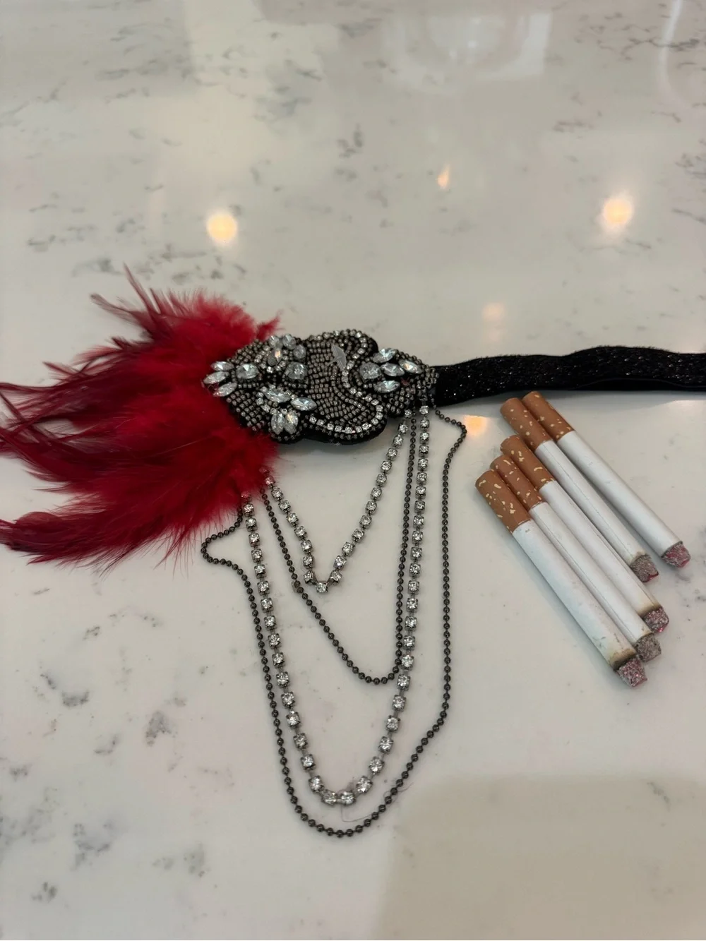 💃🏻1920s Flapper Costume Accessory Lot Spirit Pearls Boa Gloves Headband